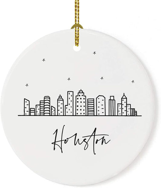 Andaz Press Round Ceramic Porcelain Christmas Tree Ornament Keepsake, Houston Black and White Stars City Skyline Graphic, 1-Pack, Birthday Gift Idea for Family, Coworker, Him, Her, Includes Gift Box
