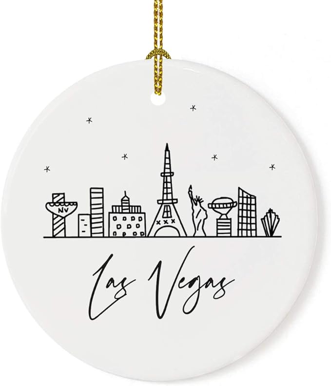 Andaz Press Round Ceramic Porcelain Christmas Tree Ornament Keepsake, Las Vegas Black and White Stars City Skyline Graphic, 1-Pack, Birthday Gift Idea for Family, Coworker, Him, Her, Includes Gift Box