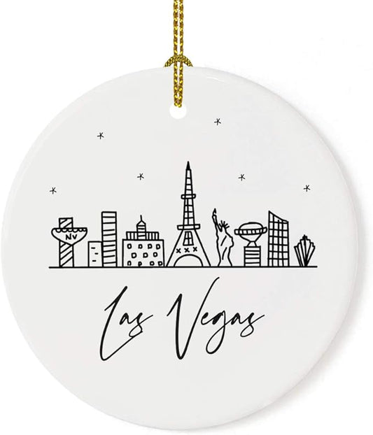 Andaz Press Round Ceramic Porcelain Christmas Tree Ornament Keepsake, Las Vegas Black and White Stars City Skyline Graphic, 1-Pack, Birthday Gift Idea for Family, Coworker, Him, Her, Includes Gift Box