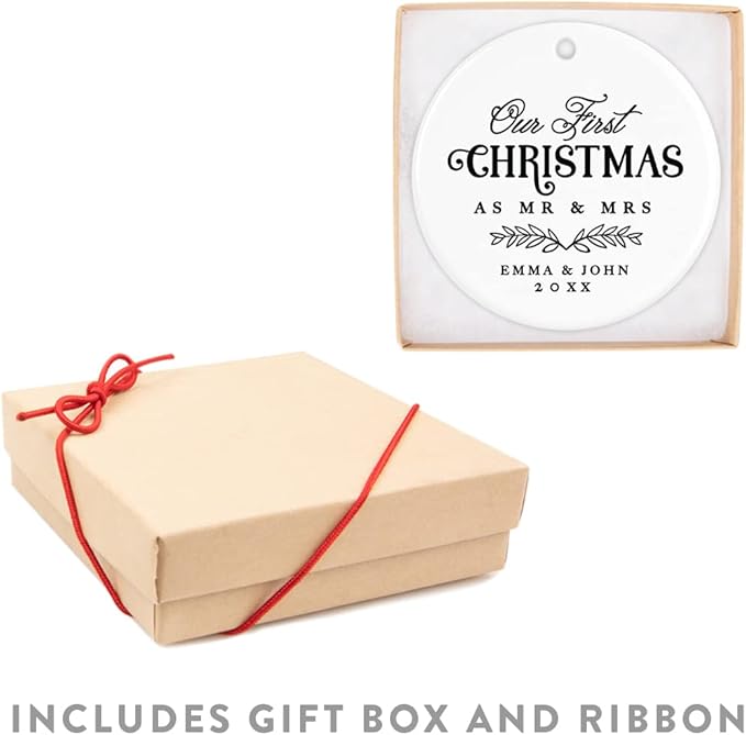 Andaz Press Personalized Our First Christmas As Mr. & Mrs. 2024 Christmas Ornaments Laurel Wreath Leaves 2.8" Round Porcelain Ceramic 1st Year Married Custom Ornament Keepsake for Newlyweds 1-Pack