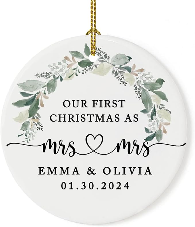 Andaz Press Personalized Our First Christmas As Mrs. & Mrs. Christmas Ornaments 2025 Foliage Wreath 2.8" Round Porcelain Ceramic Lesbian Christmas Ornament Married Couple Gay Women Newlyweds 1-Pack