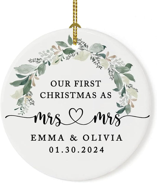 Andaz Press Personalized Our First Christmas As Mrs. & Mrs. Christmas Ornaments 2025 Foliage Wreath 2.8" Round Porcelain Ceramic Lesbian Christmas Ornament Married Couple Gay Women Newlyweds 1-Pack
