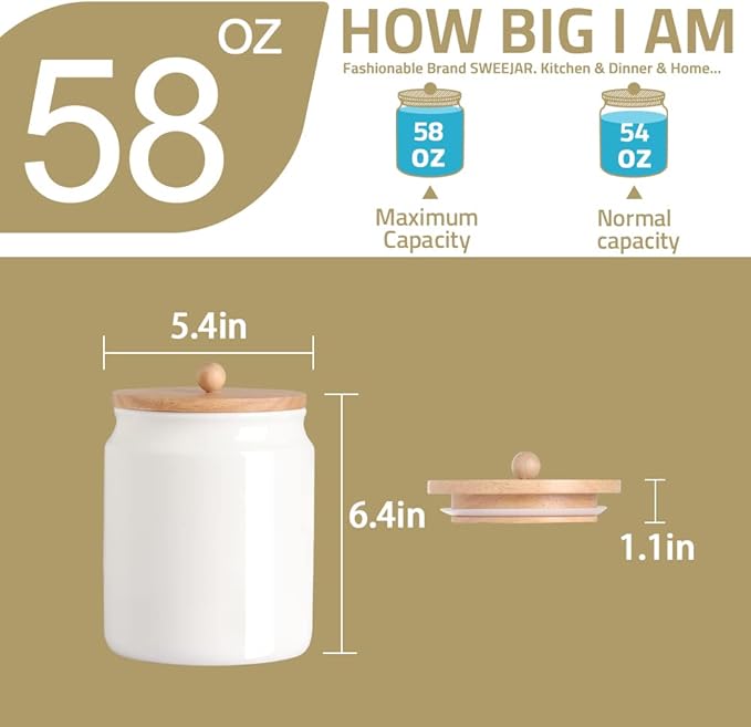Sweejar Ceramic Kitchen Canisters, 58 FLOZ Porcelain Food Storage Jar with Airtight Seal Wooden Lid, Home Container Serving for Coffee Beans, Tea-leave, Sugar, Salt and More, Tool Bucket (White)