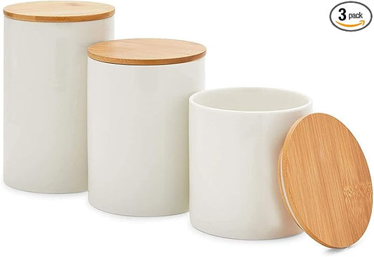 Farmlyn Creek Set of 3 White Ceramic Canisters with Airtight Wooden Bmaboo Lids - Kitchen Counter Containers - Food Storage Jars for Storing Sugar, Coffee, Snacks and Other Dry Goods (3 Sizes)