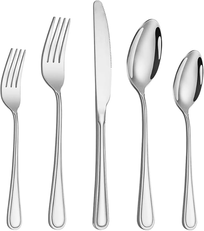 40 Pcs Silverware Set for 8 with Simple Striped Handle Design, Food Grade Stainless Steel Flatware Set, Eating Utensils Sets Include Fork/Knife/Spoon, Reusable Cutlery Set, Dishwasher Safe