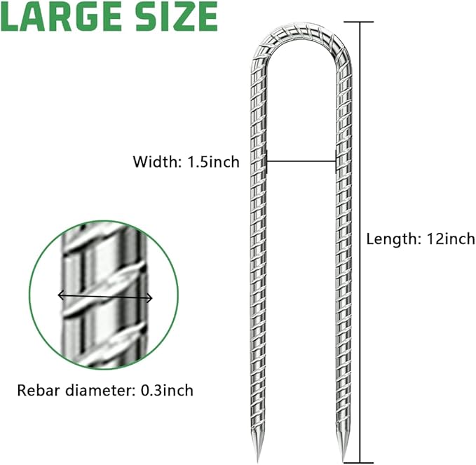 Rebar-Stakes-12-Inch, Ground Stakes Heavy Duty U-Hook Galvanized Anti-Rust Ground Anchors for Camping Tent Trampoline Accessories Dog Fence Chicken Coop Deer Fence 10pcs