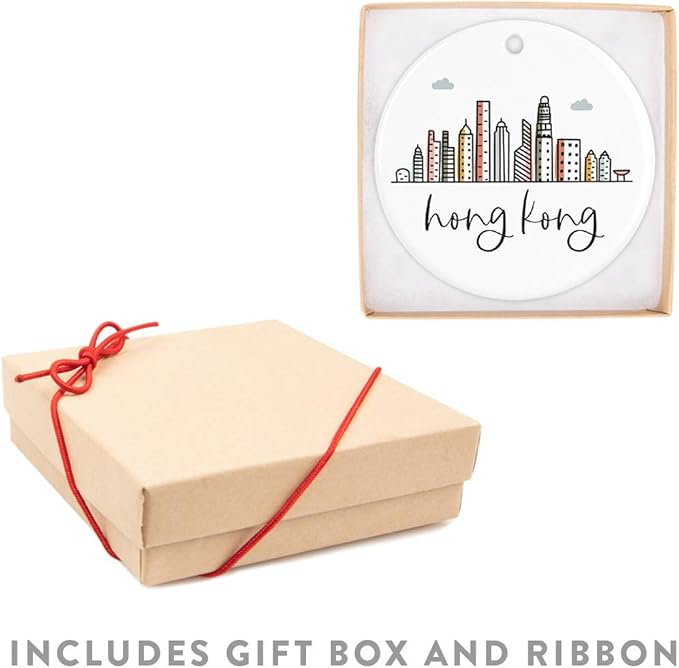 Andaz Press Round Ceramic Porcelain Christmas Tree Ornament Keepsake Gift, Hong Kong, Colorful International City Skyline Graphic, 1-Pack, Birthday Family Coworker Him Her, Gift Box