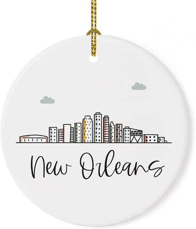 Andaz Press Round Ceramic Porcelain Christmas Tree Ornament Keepsake Gift, New Orleans, Colorful City Skyline Graphic, 1-Pack, Birthday Ideas Family Coworker Him Her, Includes Gift Box
