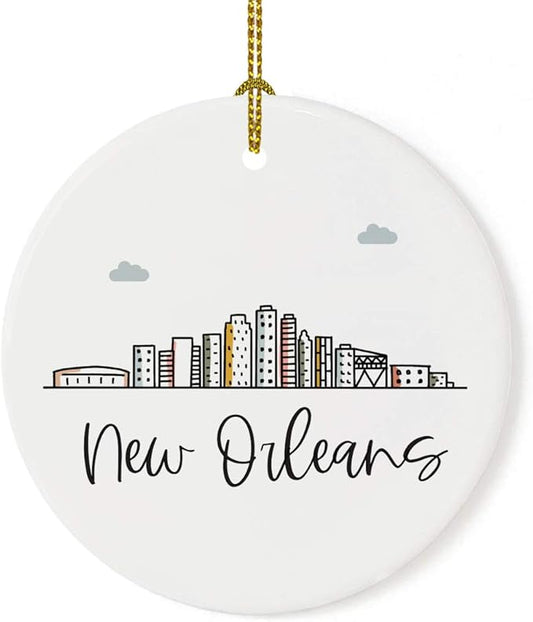 Andaz Press Round Ceramic Porcelain Christmas Tree Ornament Keepsake Gift, New Orleans, Colorful City Skyline Graphic, 1-Pack, Birthday Ideas Family Coworker Him Her, Includes Gift Box