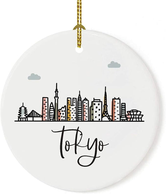 Andaz Press Round Ceramic Porcelain Christmas Tree Ornament Keepsake Gift, Tokyo, Colorful International City Skyline Graphic, 1-Pack, Birthday Ideas Family Coworker Him Her, Gift Box