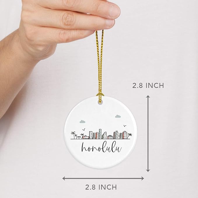 Andaz Press Round Ceramic Porcelain Christmas Tree Ornament Keepsake, Honolulu City Skyline Graphic, 1-Pack, Birthday Gift Idea for Family, Coworker, Him, Her, Includes Gift Box