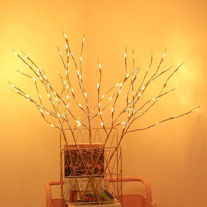 DK177 4 Pack Led Branch Light Battery Operated Lighted Branch Vase Filler Willow Tree Artificial Little Twig Power Golden 30 Inch 20 LED for Home Romantic Decoration (Gold-Warm White)