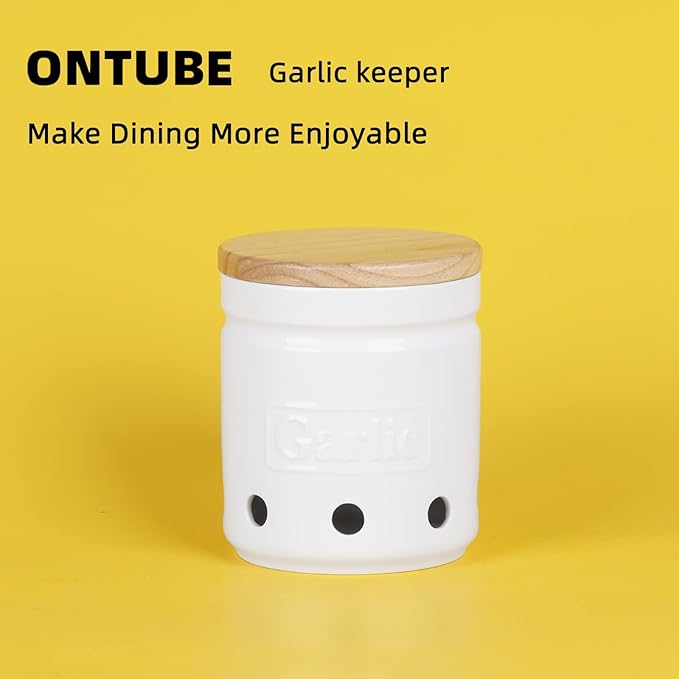 Large Garlic Keeper with Wooden Lid, Ceramic Garlic Holder Storage, Garlic Container for Kitchen, Garlic Saver to Keep Your Garlic Cloves Fresh Longer 4.5-Inch, White