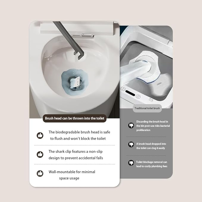 Disposable Toilet Brush with Replaceable Heads, Wall-Mounted Holder, Hygienic Bathroom Cleaning Tool (WhiteToilet Brush + 18 Refills)