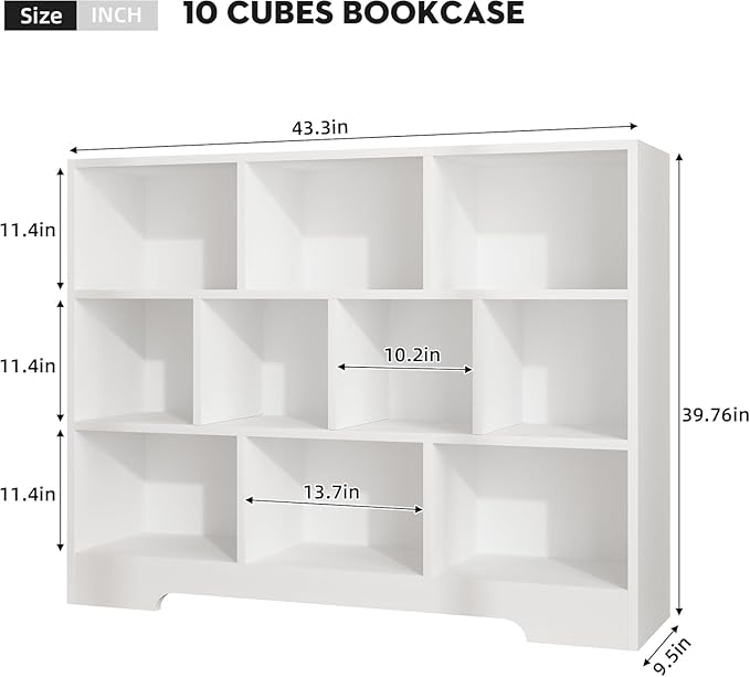 Book Shelf, 10 Cubes Storage Organizer, 3-Tier Open Shelf Wooden Bookcase, Freestanding White Bookshelf Cube Shelf for Bedroom, Living Room