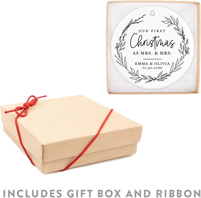 Andaz Press Personalized Our First Christmas As Mrs. & Mrs. 2025 Christmas Ornaments Modern Farmhouse Wreath 2.8" Round Porcelain Ceramic Lesbian Married Couple Gay Women Newlyweds Keepsake 1-Pack