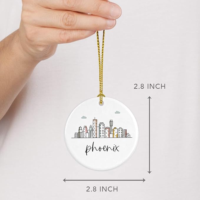 Andaz Press Round Ceramic Porcelain Christmas Tree Ornament Keepsake, Phoenix Colorful City Skyline Graphic, 1-Pack, Birthday Gift Ideas Family Coworker Him Her, Includes Gift Box