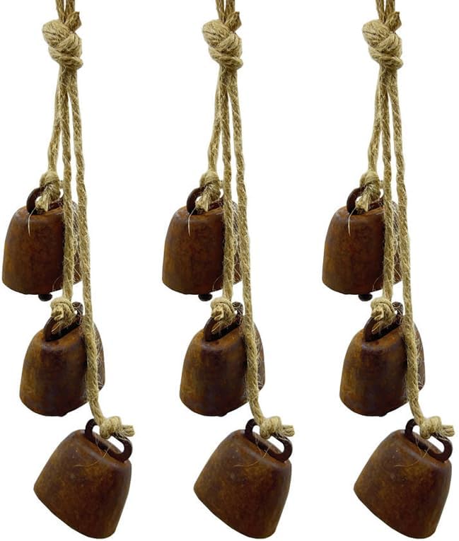 2pc Rustic Charm Bell - Handmade Hemp Rope Wind Chimes Hanging Decoration, Distressed Finish Cow Bell with Jute Hanging Rope, Perfect for Front Door, Outdoor, Window, and Home Decor,