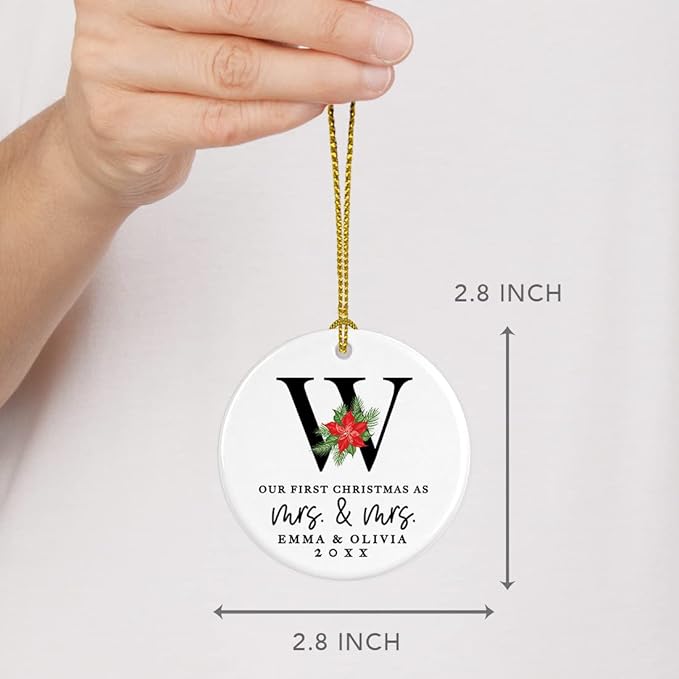 Andaz Press Personalized Our First Christmas As Mrs. & Mrs. 2025 Christmas Ornaments Monogram Poinsettia 2.8" Round Porcelain Ceramic Lesbian Married Couple Gay Women Newlyweds Wedding Keepsake 1-Pack