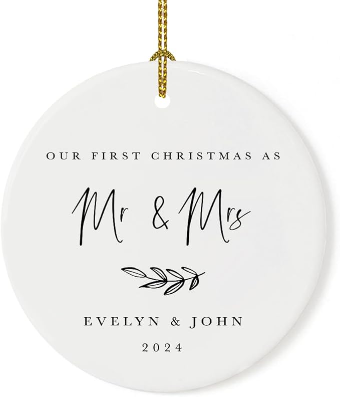 Andaz Press Personalized Wedding Round Ceramic Porcelain Christmas Tree Ornament Engagement Keepsake Collectible Gift Our First Christmas as Mr. & Mrs, Evelyn & John 2024, Antique Handdrawn, 1-Pack