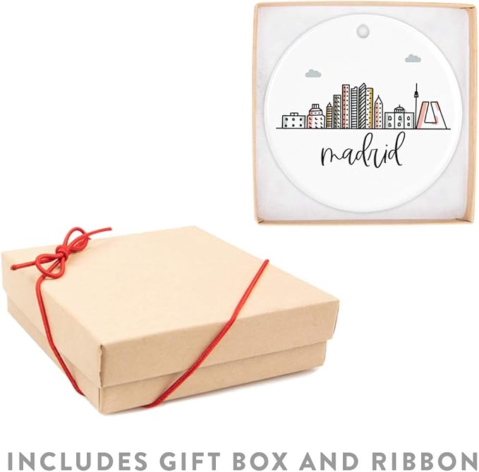 Andaz Press Round Ceramic Porcelain Christmas Tree Ornament Keepsake Gift, Madrid, Colorful International City Skyline Graphic, 1-Pack, Birthday Ideas Family Coworker Him Her, Gift Box