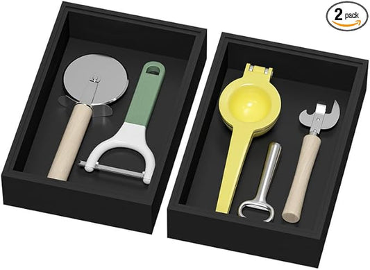 Bamboo Drawer Organizer, Cutlery Silverware Organizer for Kitchen Drawer, Stackable Utensil Organizer, 2 Pcs Flatware Organizer, Wooden Storage Box Tray (Black, 9 X 6 X 2 Inch)