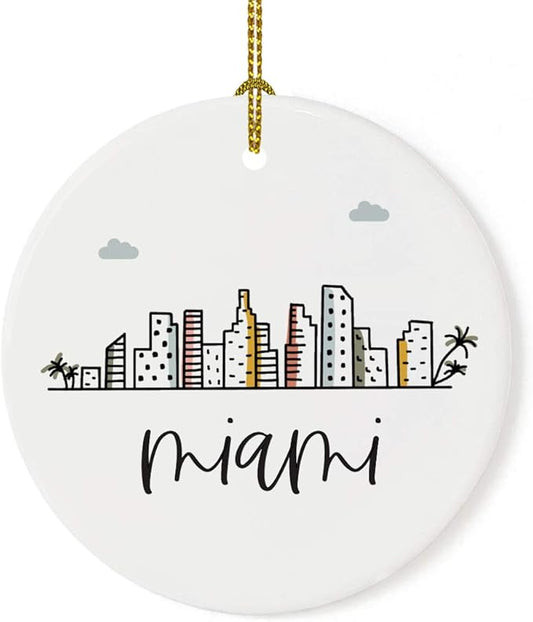 Andaz Press Round Ceramic Porcelain Christmas Tree Keepsake Gift, Colorful City Skyline Miami Ornament, 1-Pack, Birthday Ideas Family Coworker, Includes Box