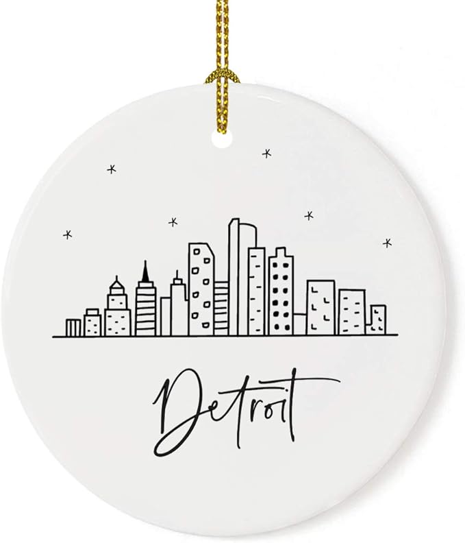 Andaz Press Round Ceramic Porcelain Christmas Tree Ornament Keepsake, Detroit Black and White Stars City Skyline Graphic, 1-Pack, Birthday Gift Idea for Family, Coworker, Him, Her, Includes Gift Box