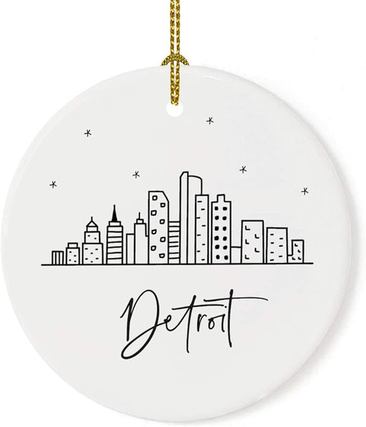 Andaz Press Round Ceramic Porcelain Christmas Tree Ornament Keepsake, Detroit Black and White Stars City Skyline Graphic, 1-Pack, Birthday Gift Idea for Family, Coworker, Him, Her, Includes Gift Box