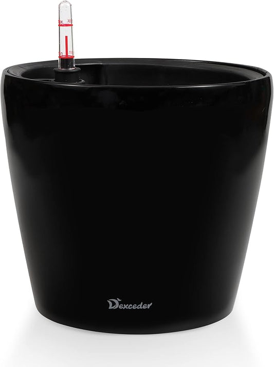 Dexceder 11x10 Inches High Gloss Self Watering Planter Indoor Outdoor, Inner Pot Design, Thickened Table Flower Plant Pot with Water Level Indicator (Black)