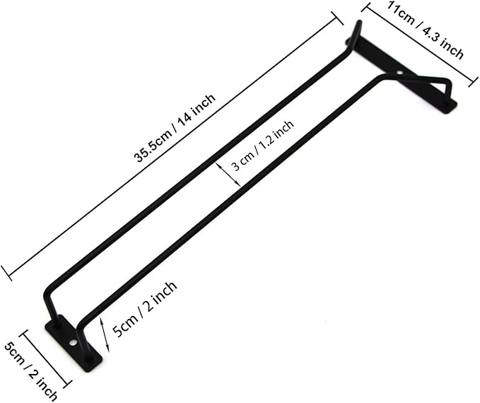 14-Inch Black Wine Glass Rack, Under Cabinet Wine Glass Holder, Stemware Rack, Hanging Stemware Holder, Set of 2