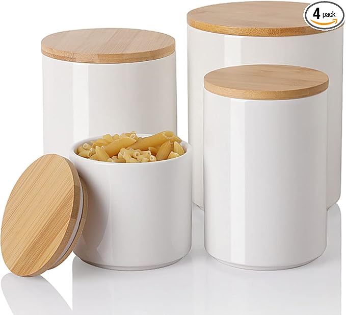 Sweejar Ceramic Kitchen Canister Sets, Porcelain Container for Countertop, Heavy Food Storage Jars with Airthight Seal Bamboo Lid, Servering for Sugar, Coffee Beans, Tea Leaves, Pack of 4（White）