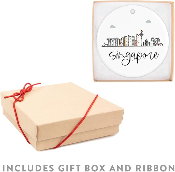 Andaz Press Round Ceramic Porcelain Christmas Tree Ornament Keepsake Gift, Singapore, Colorful International City Skyline Graphic, 1-Pack, Birthday Ideas Family Coworker Him Her, Gift Box