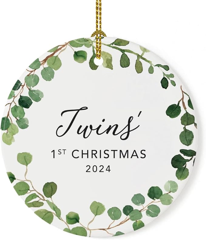 Andaz Press Custom Year Round Ceramic Porcelain Christmas Tree Ornament Keepsake Collectible Gift, Twins' 1st Christmas 2024, Farmhouse Eucalyptus Wreath, 1-PackTwin