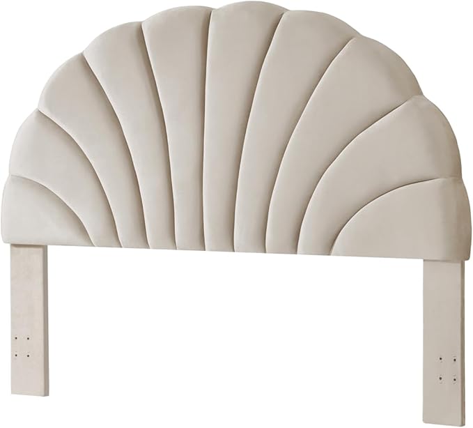 24KF Stunning Crown Design King Headboard, Upholstered Soft Velvet Petal Pattern Headboard King/CA King-Beige