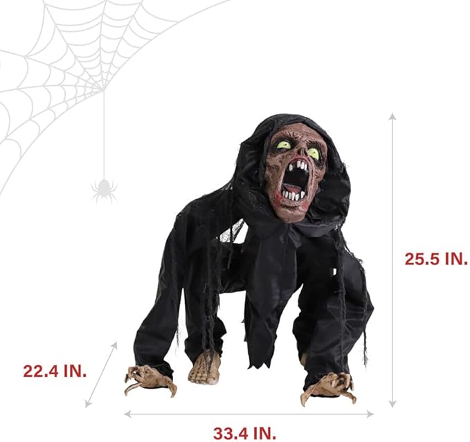Haunted Hill Farm Scary Crouching Zombie, Halloween Animatronic with Touch Activated Lights and Sounds, Battery Operated Indoor or Covered Outdoor Halloween Decorations, Creepy Halloween Props