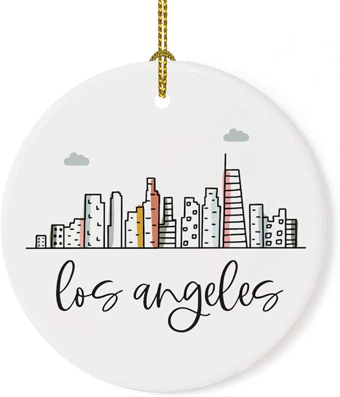 Andaz Press Round Ceramic Porcelain Christmas Tree Ornament Keepsake Gift, Los Angeles, Colorful City Skyline Graphic, 1-Pack, Birthday Ideas Family Coworker Him Her, Includes Gift Box