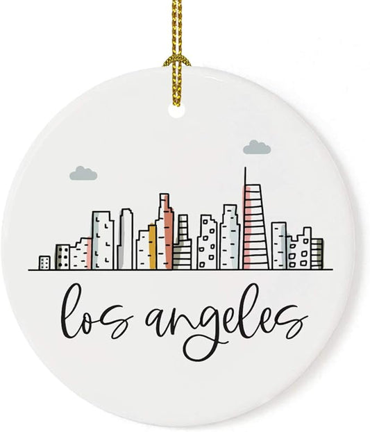 Andaz Press Round Ceramic Porcelain Christmas Tree Ornament Keepsake Gift, Los Angeles, Colorful City Skyline Graphic, 1-Pack, Birthday Ideas Family Coworker Him Her, Includes Gift Box