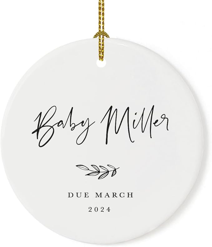 Andaz Press Personalized Round Ceramic Porcelain Christmas Tree Ornament Keepsake Collectible Gift for New Baby, Baby Miller Due March 2024, Antique Handdrawn, 1-Pack