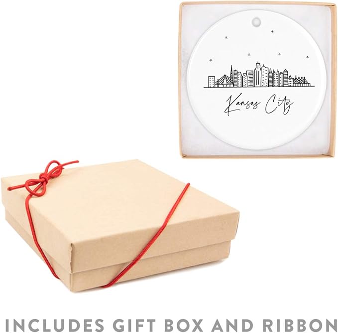 Andaz Press Round Ceramic Porcelain Christmas Tree Ornament, Kansas City Black and White Stars Skyline Graphic, 1-Pack, Birthday Family Coworker Gift, Includes Box