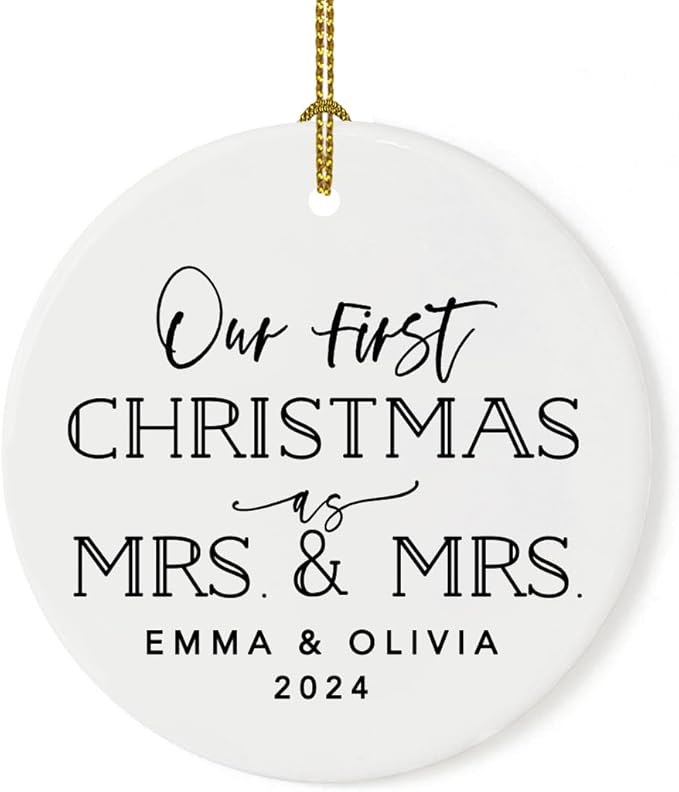 Andaz Press Personalized Our First Christmas As Mrs. & Mrs. 2025 Christmas Ornament Modern Black and White 2.8" Round Porcelain Ceramic Lesbian Married Couple Gay Women Newlyweds Keepsake 1-Pack