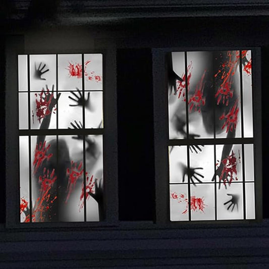 Rypyp 2PCS Halloween Decorations Indoor Window Clings, Large Window/Door Covers(59x30in)- Scary Zombie with Bloody Handprints at The Window, Halloween Haunted House Party Décor, Garage Door Cover