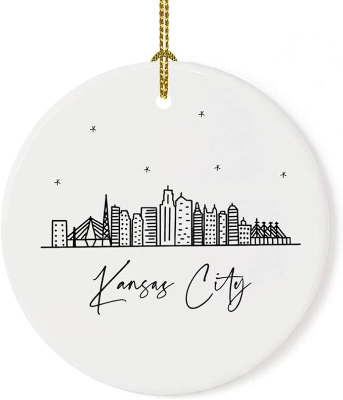 Andaz Press Round Ceramic Porcelain Christmas Tree Ornament, Kansas City Black and White Stars Skyline Graphic, 1-Pack, Birthday Family Coworker Gift, Includes Box