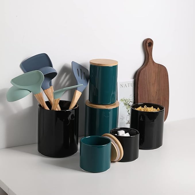 Sweejar Ceramic Kitchen Canister Sets, Porcelain Container for Countertop, Heavy Food Storage Jars with Airthight Seal Bamboo Lid, Servering for Sugar, Coffee Beans, Tea Leaves, Pack of 4（Jade）