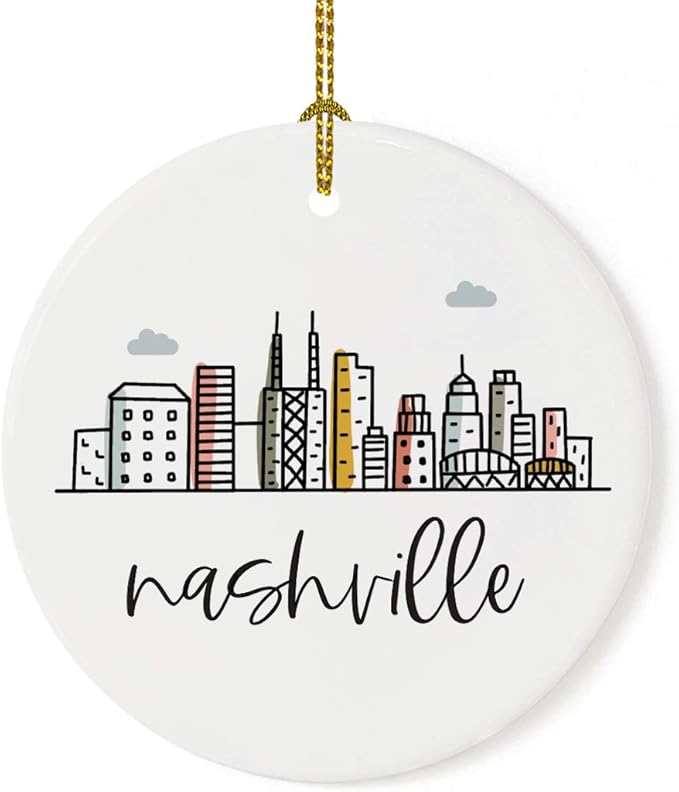 Andaz Press Round Ceramic Porcelain Christmas Tree Ornament Keepsake, Nashville Colorful City Skyline 1-Pack Birthday Ideas Family Coworker Includes Box Ornament