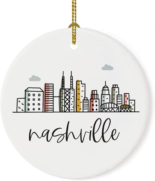 Andaz Press Round Ceramic Porcelain Christmas Tree Ornament Keepsake, Nashville Colorful City Skyline 1-Pack Birthday Ideas Family Coworker Includes Box Ornament