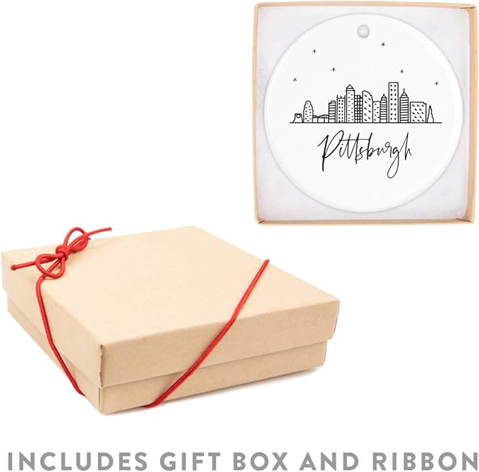 Andaz Press Round Ceramic Porcelain Christmas Tree Ornament Keepsake, Pittsburgh Black and White Stars City Skyline Graphic, 1-Pack, Birthday Gift Family Coworker Him Her, Includes Gift Box