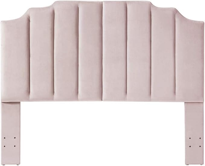 24KF Pink Velvet Tufted Queen Upholstered Headboard, Modern Vertical Channel Design California Queen/Full Headboard with Stepped Silhouette Top Edge, Pink