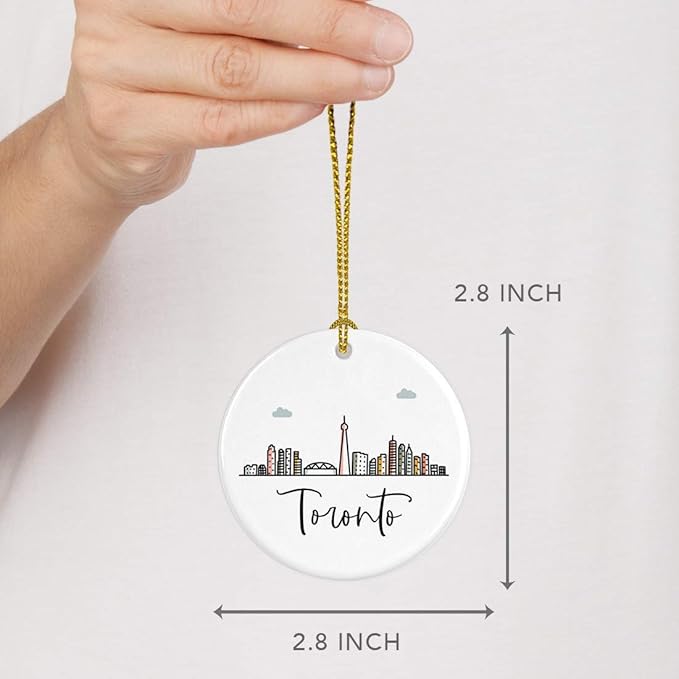 Andaz Press Round Ceramic Porcelain Christmas Tree Ornament Keepsake Gift, Toronto, Colorful International City Skyline Graphic, 1-Pack, Birthday Ideas Family Coworker Him Her, Gift Box