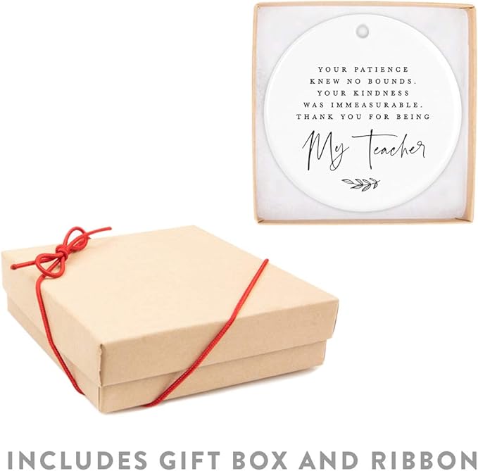 Andaz Press Round Ceramic Porcelain Christmas Tree Ornament for Teacher Thank You Appreciation Graduation Gift, Your Patience Knew No Bounds. Thank You for Being My Teacher, 1-Pack